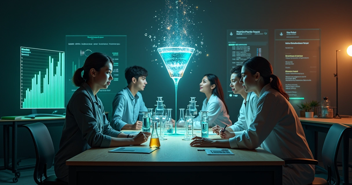 Mesa em formato de bancada de laboratório cheia de experimentos de marketing digitais em uma parede escura 
