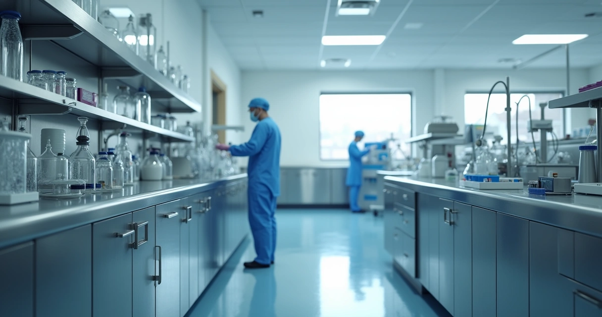 Laboratório hospitalar com bancadas em inox