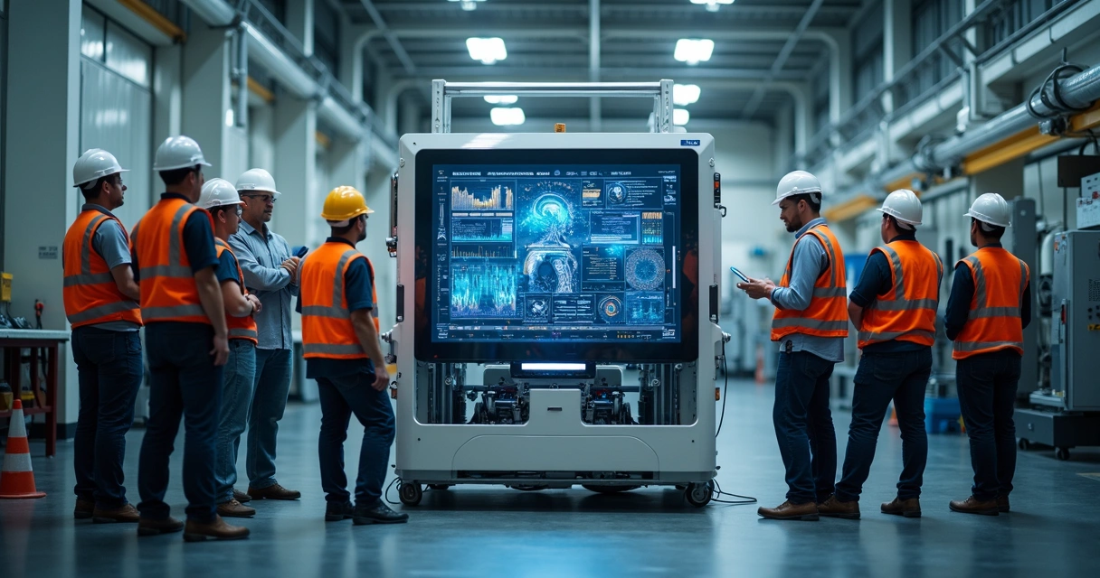 Equipe testando protótipo de solução de IA em laboratório industrial 