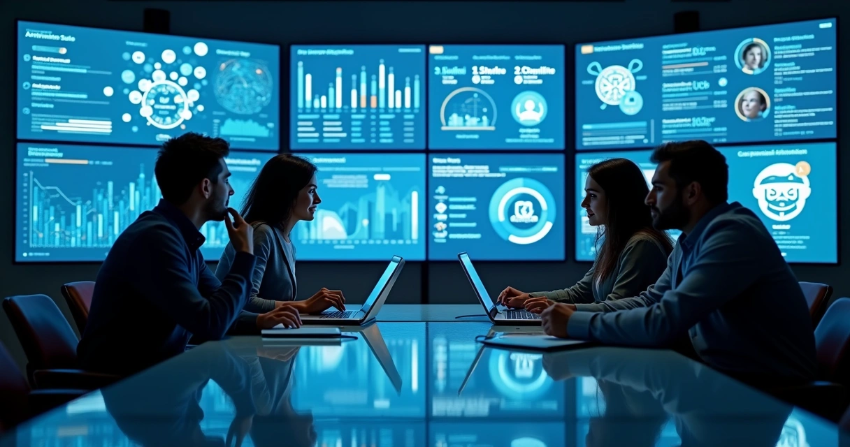 Equipe analisa telas com gráficos de IA marketing digital 