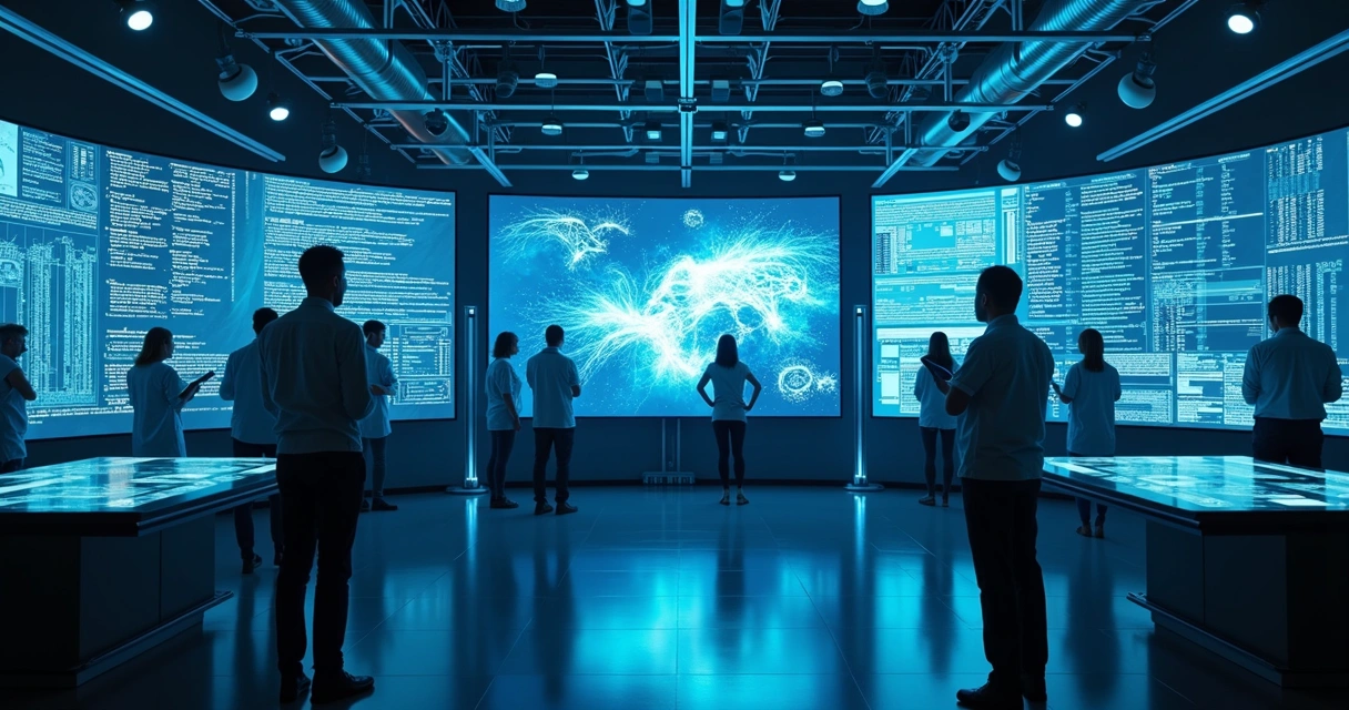 Pesquisadores em laboratório analisando telas com códigos de IA