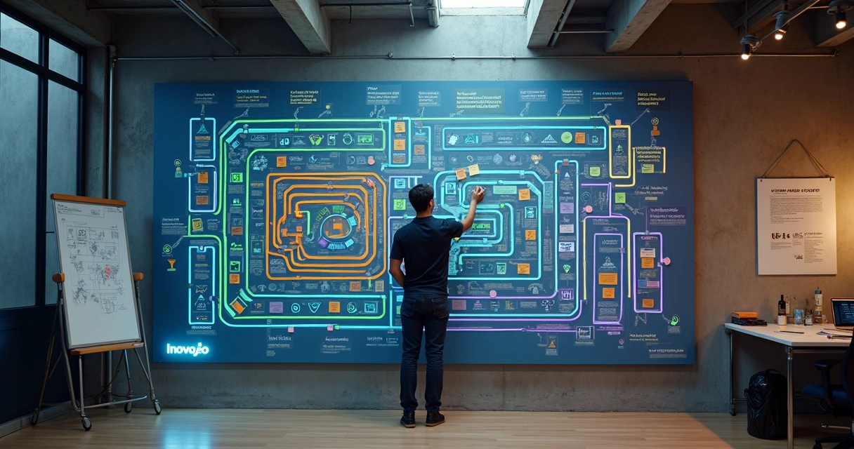Pessoa organizando trilhas de ideias coloridas em painel em formato de labirinto 