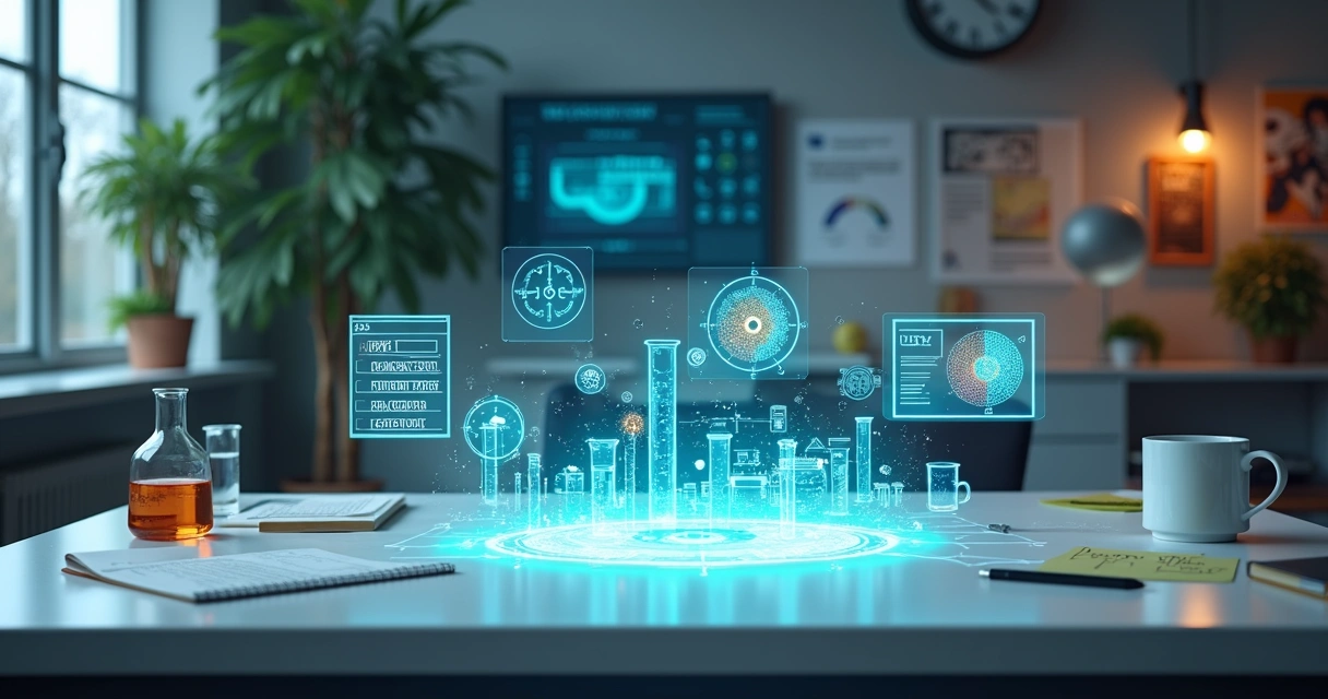 Mesa em formato de laboratório criativo com ícones digitais flutuando ao redor 