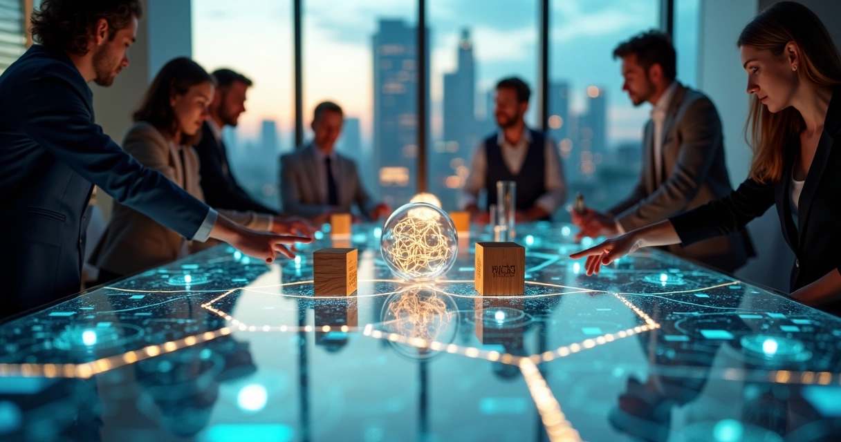 Laboratório futurista com mesa em formato de rede e objetos representando inovação sistêmica 