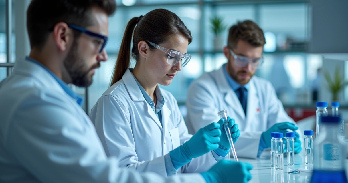 Laboratório de pesquisa em imunoterapia com tubos de ensaio e profissionais examinando amostras 