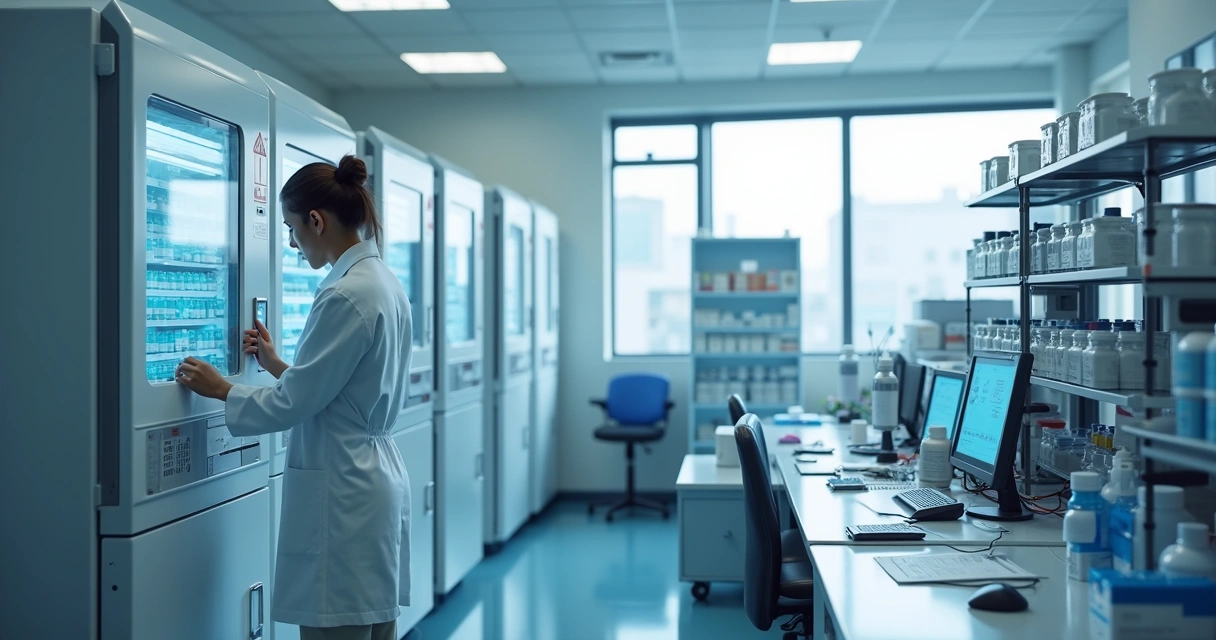 Técnico ajustando painel de controle em laboratório farmacêutico