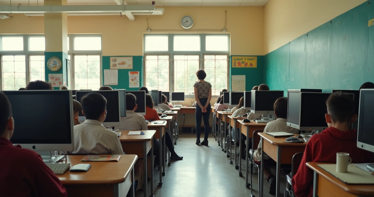 Laboratório de informática em escola, com alunos e professora em computadores 