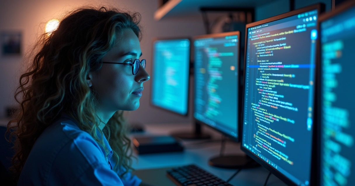 Equipe analisando códigos e algoritmos em monitores 