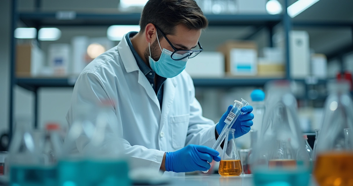 Profissional em laboratório exposto a solventes químicos 