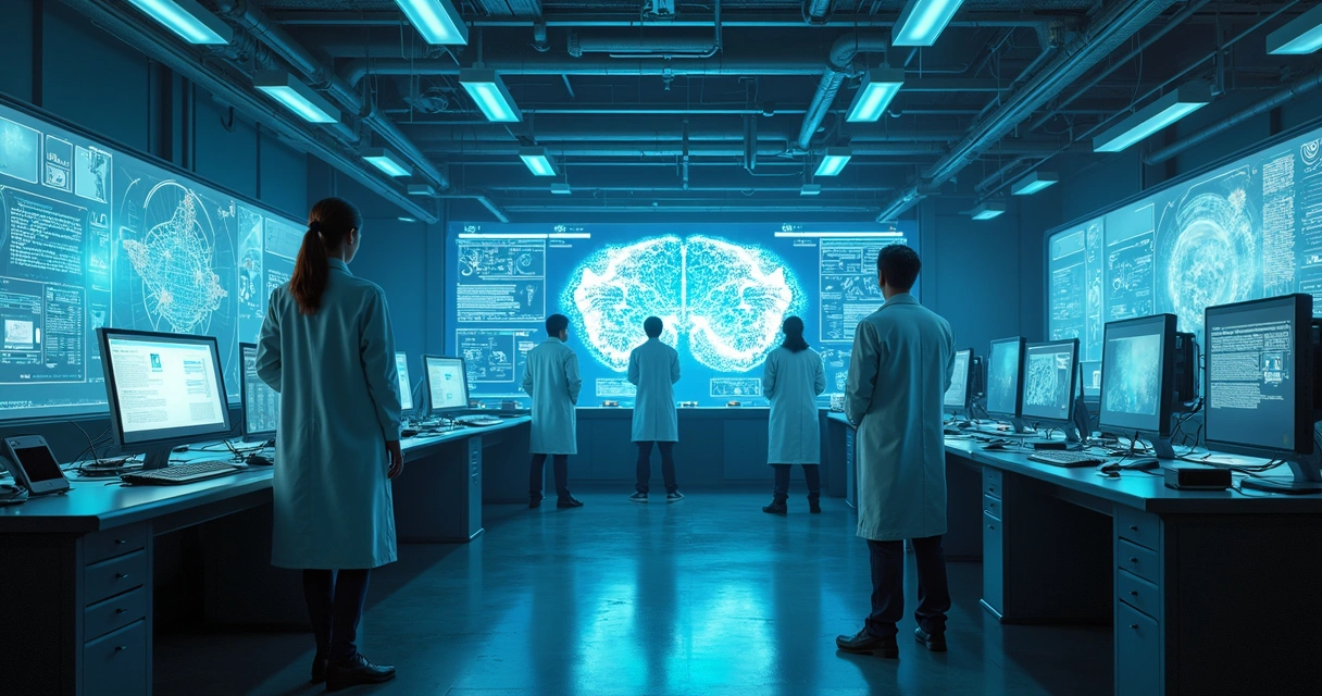 Ambiente de laboratório moderno com monitores e luz azul suave, cientistas analisando dados de IA 