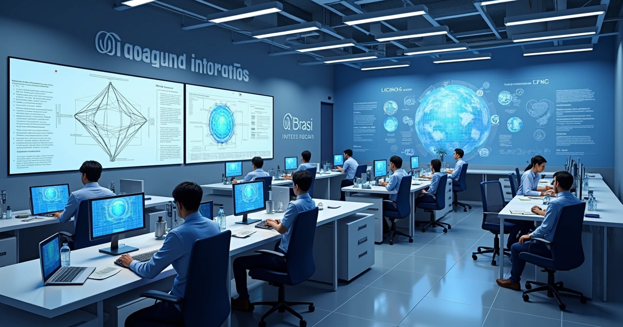 Sala de laboratório universitário brasileiro com computadores, telas exibindo dados e equipe analisando gráficos 