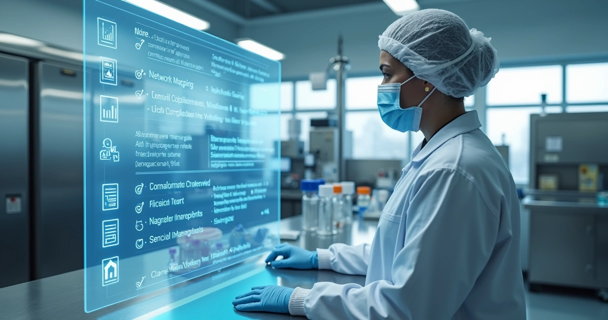 Cientista em laboratório farmacêutico usando interface holográfica de IoT para checar checklist digital 