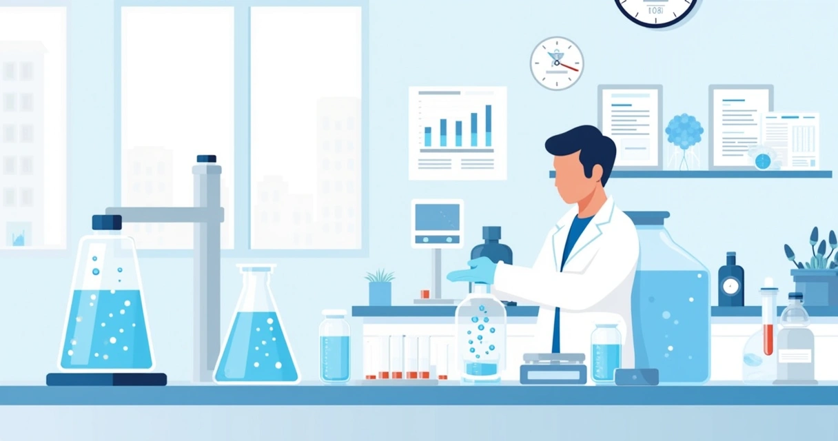 Laboratório moderno com cientista realizando teste de qualidade da água e equipamentos de precisão.