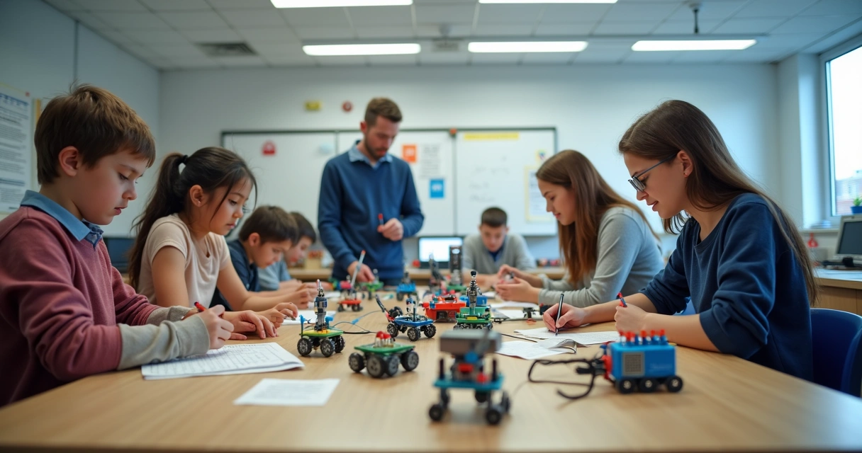 Laboratório escolar com alunos e kits de robótica 