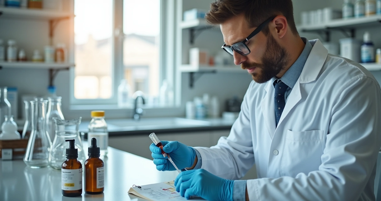 Farmacêutico prepara loção para barba em laboratório 