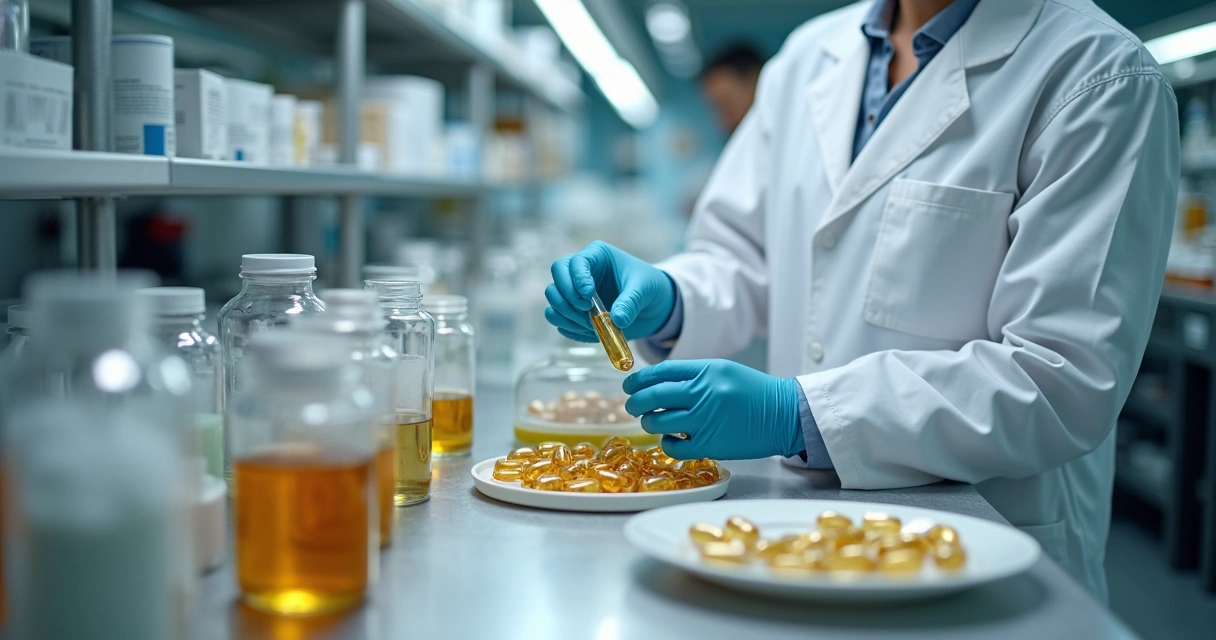 Profissional manipulando cápsulas de óleo em laboratório.