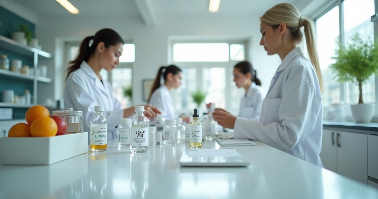 Laboratório de manipulação com bancadas limpas e frascos de ativos dermatológicos expostos 