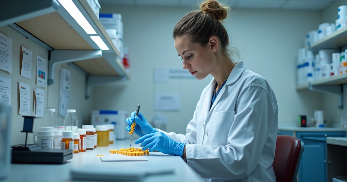 Farmacêutica preparando cápsulas em laboratório de manipulação