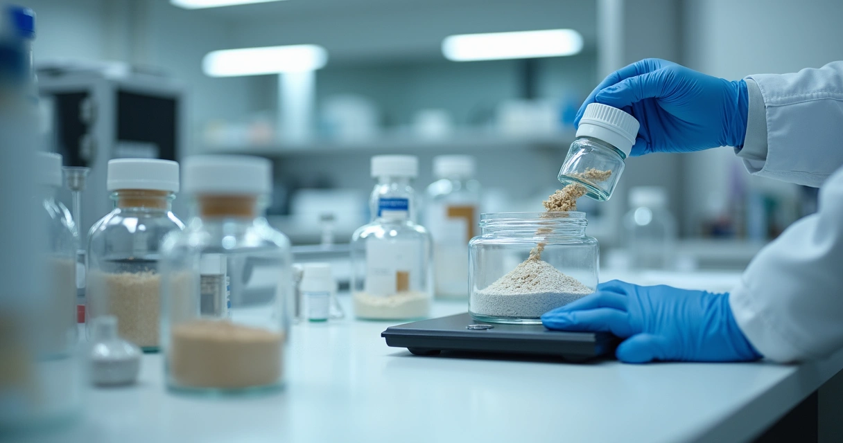 Ambiente de laboratório farmacêutico com bancada limpa, balança de precisão e frascos de vidro 