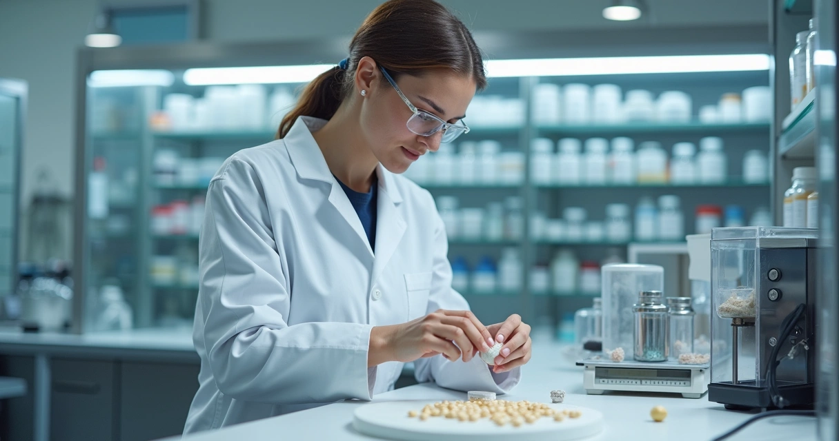 Farmacêutico manipulando cápsulas em laboratório