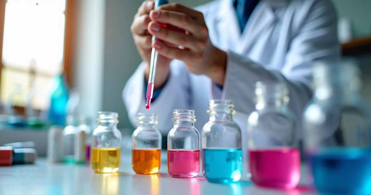 Laboratório com farmacêutico manipulando gotas coloridas 
