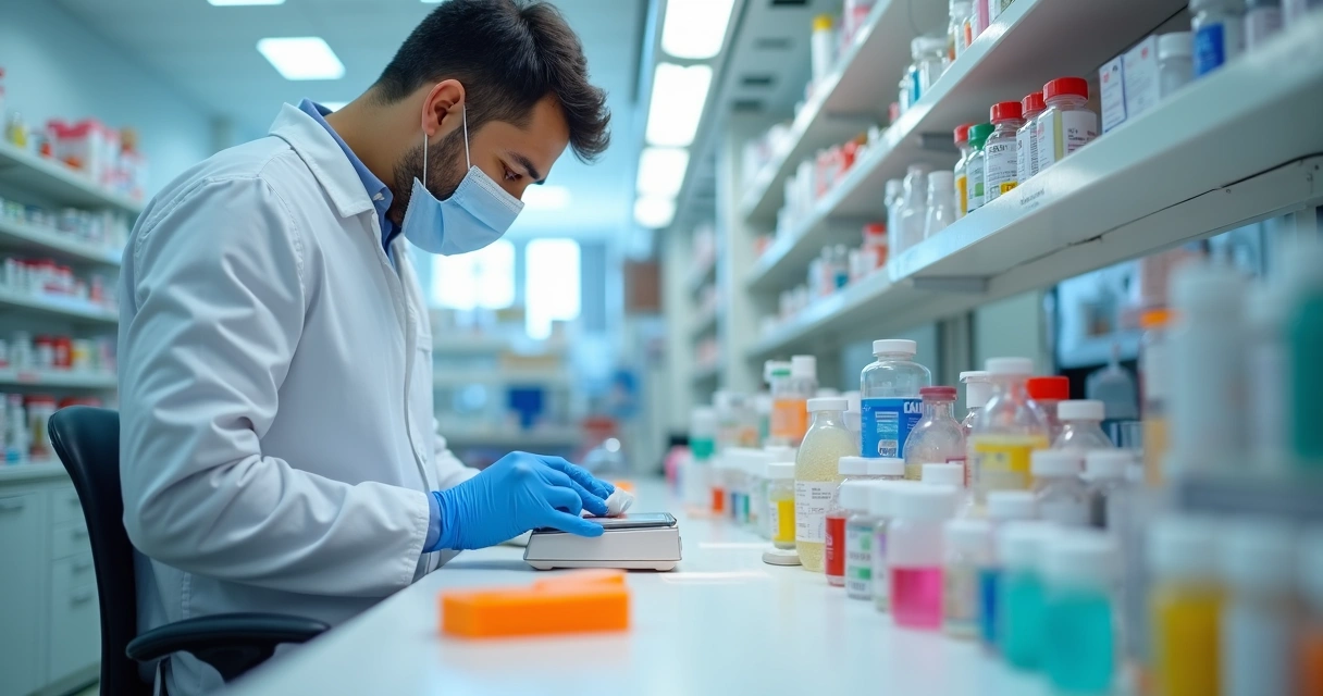 Farmacêutico manipulando fórmula infantil em laboratório com equipamentos profissionais, frascos coloridos ao fundo 