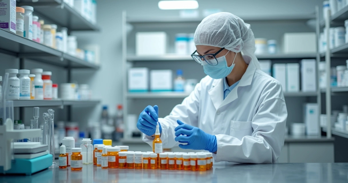 Laboratório de manipulação com frascos pediátricos