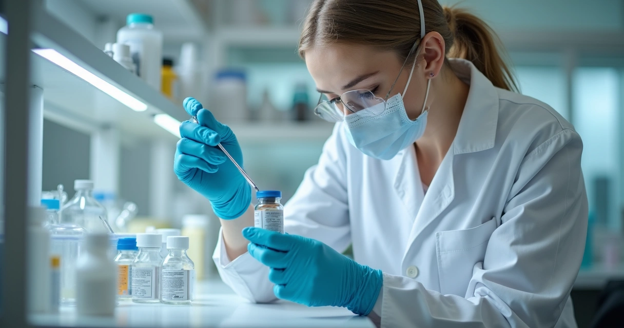 Técnica manipulando frascos em laboratório de manipulação 