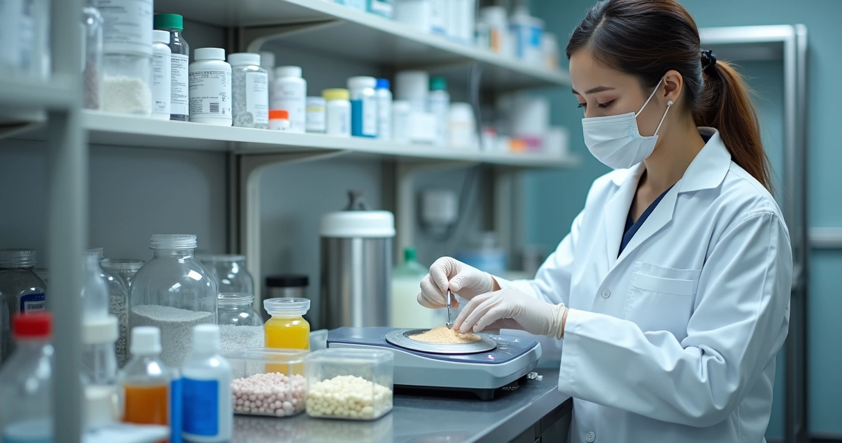 Laboratório com farmacêutico manipulando remédio em cápsulas 