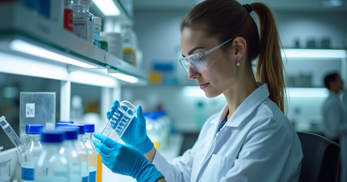 Farmacêutica analisando amostra em laboratório de manipulação 