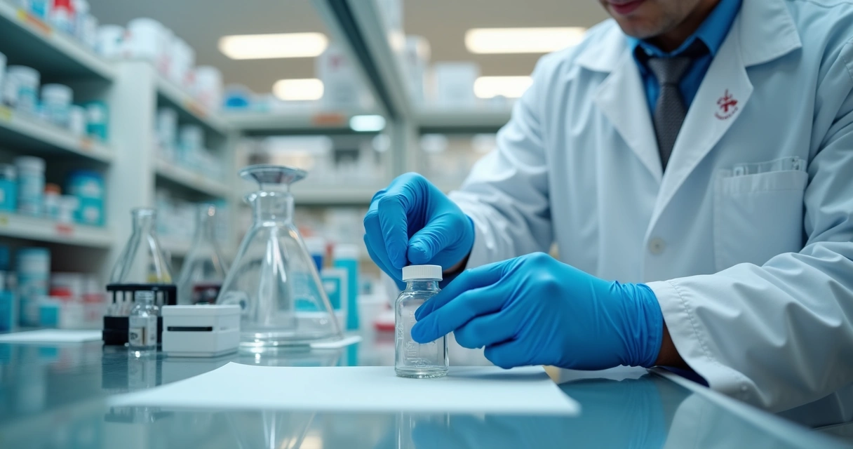 Farmacêutico preparando medicamento manipulado em laboratório. 