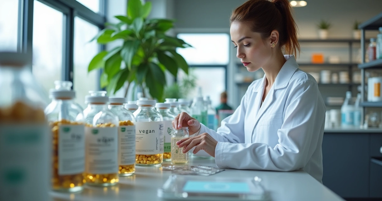 Laboratório farmacêutico com frascos de suplementos e técnico manipulando cápsulas.
