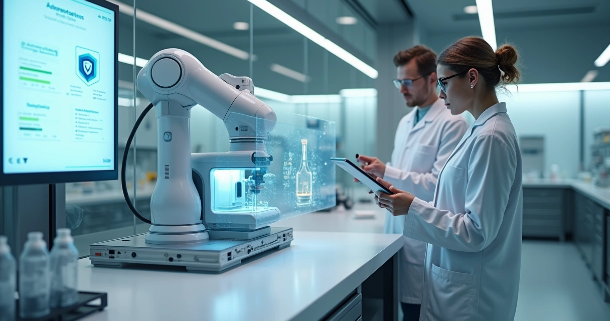 Robô colaborativo ajustando equipamento em bancada de laboratório moderno 