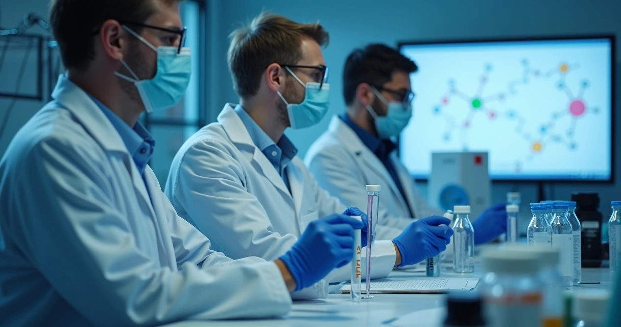 Laboratório com equipe médica pesquisando tubo de ensaio. 