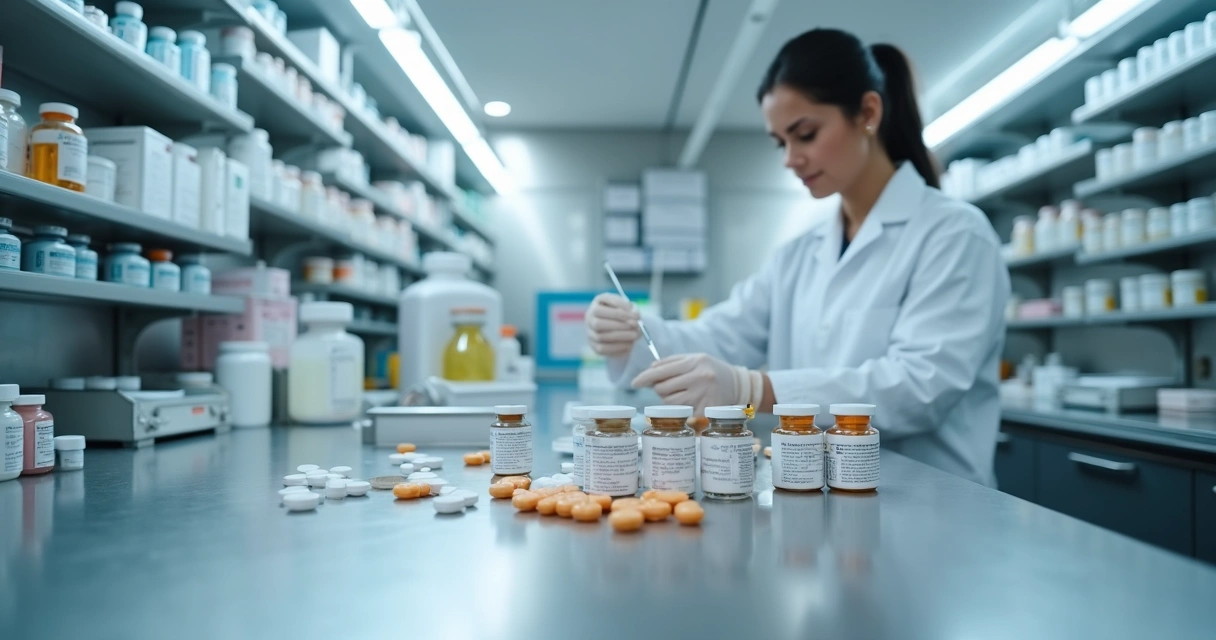Laboratório limpo com cápsulas e frascos manipulados organizados