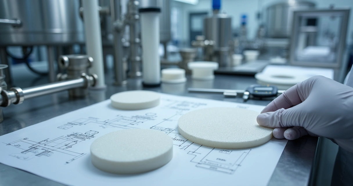 Membranas técnicas de PVDF sendo analisadas em bancada de laboratório industrial 