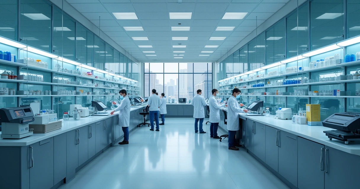 Laboratório de manipulação moderno com farmacêuticos trabalhando 