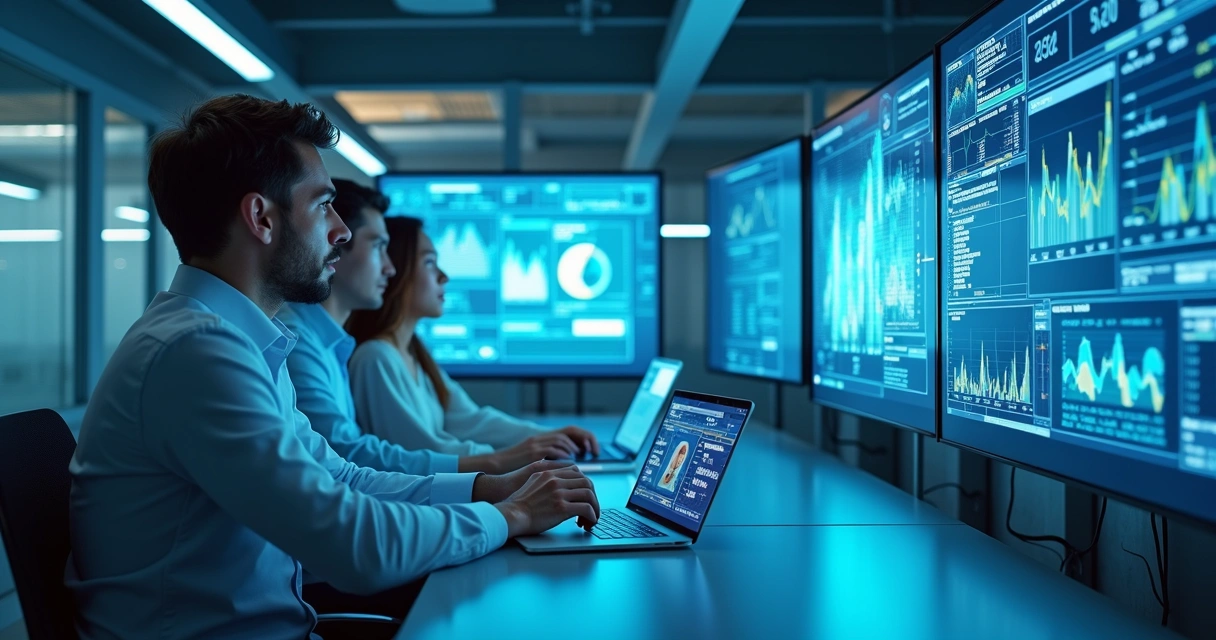 Equipe analisando dados em um laboratório digital 