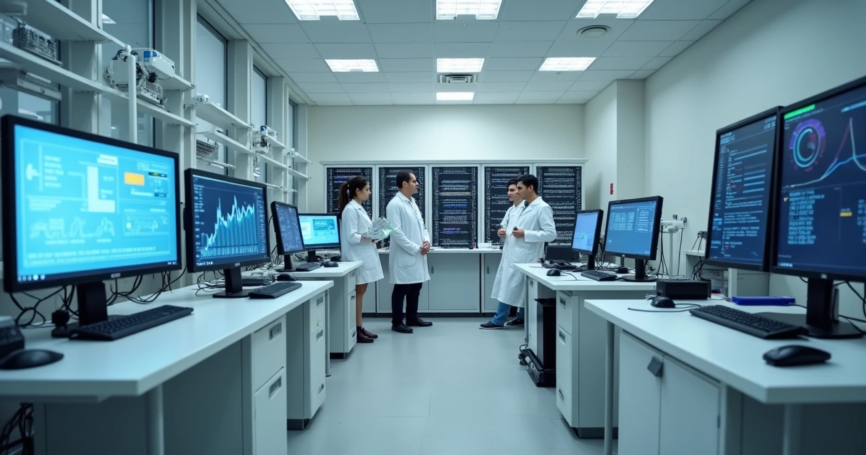 Sala de laboratório moderno com sensores de monitoramento, gráficos e computadores 