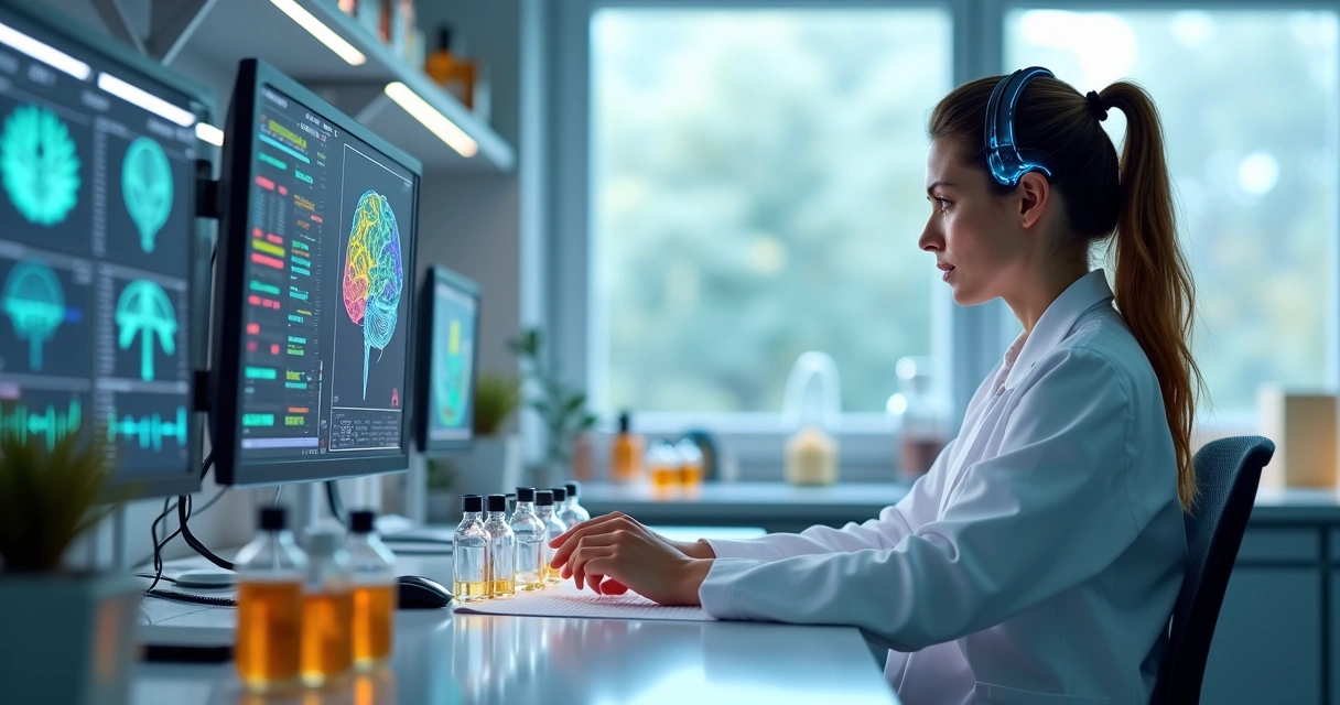 Laboratório moderno com cientista analisando blends de aromas em frascos com equipamentos eletrônicos ao redor 