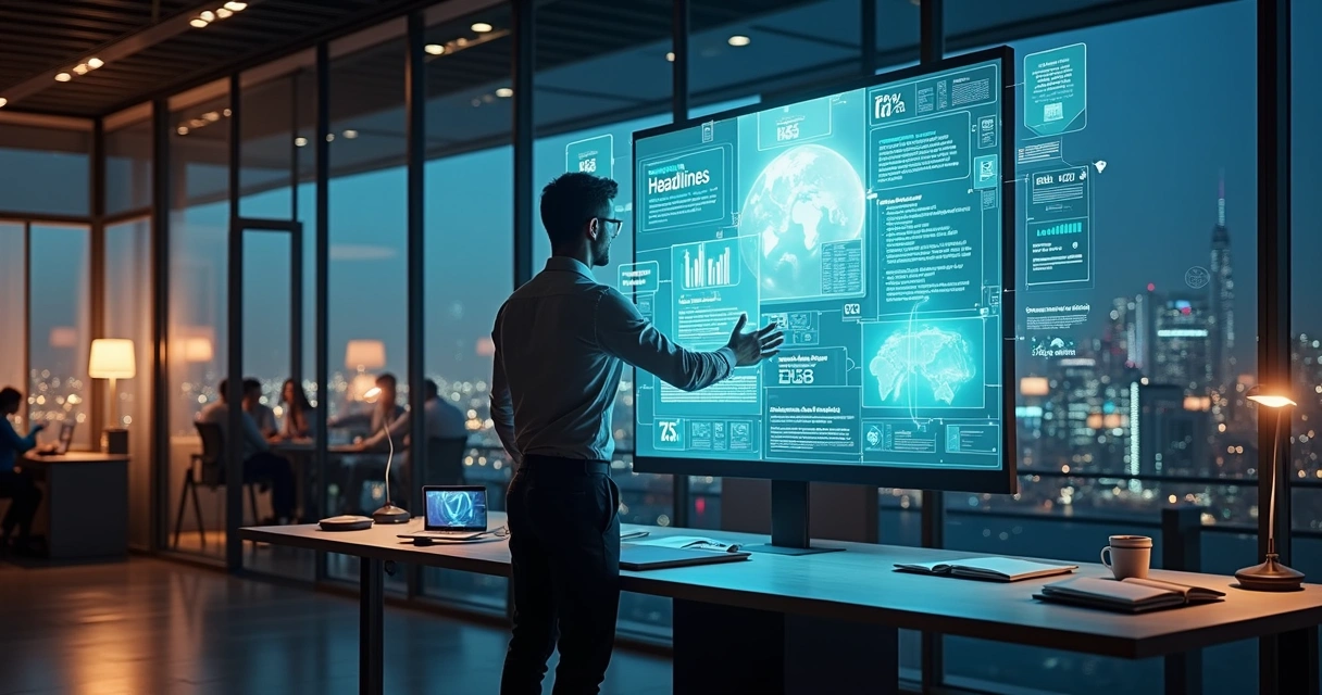 Analista em laboratório digital ajustando landing page B2B em tela gigante 