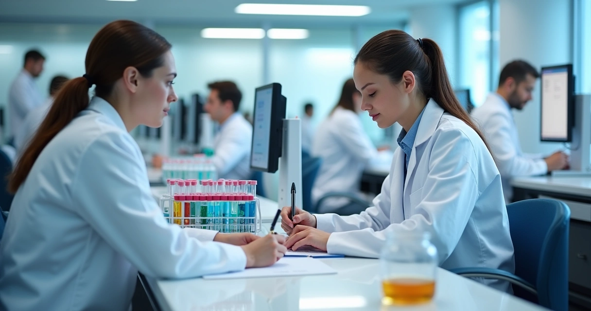 Laboratório moderno com tubos de ensaio, equipamentos de diagnóstico e profissionais analisando amostras 