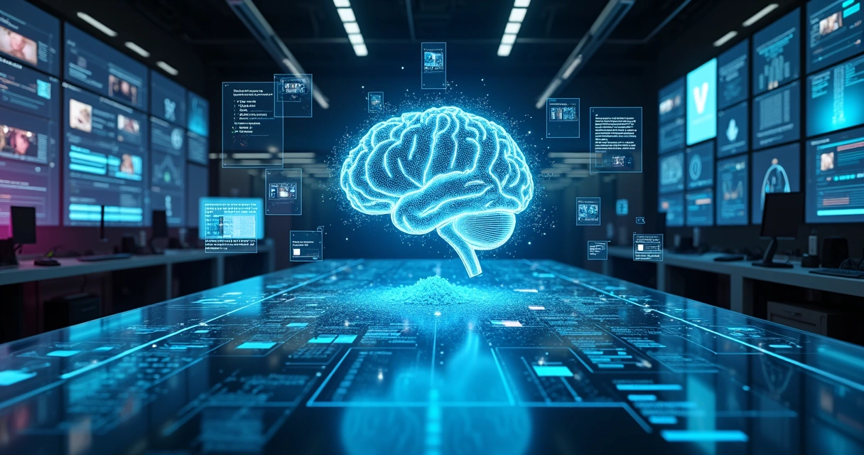 Laboratório forense digital analisando holograma de inteligência artificial 