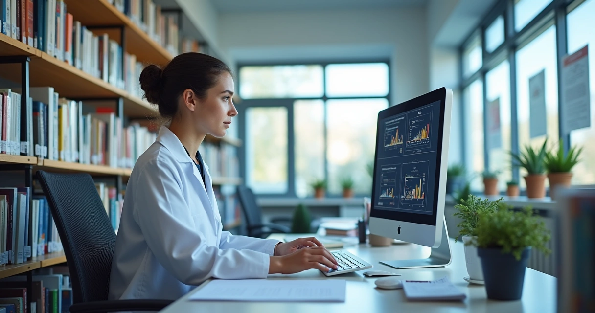 Laboratório universitário com livros, computador e pessoa pesquisando