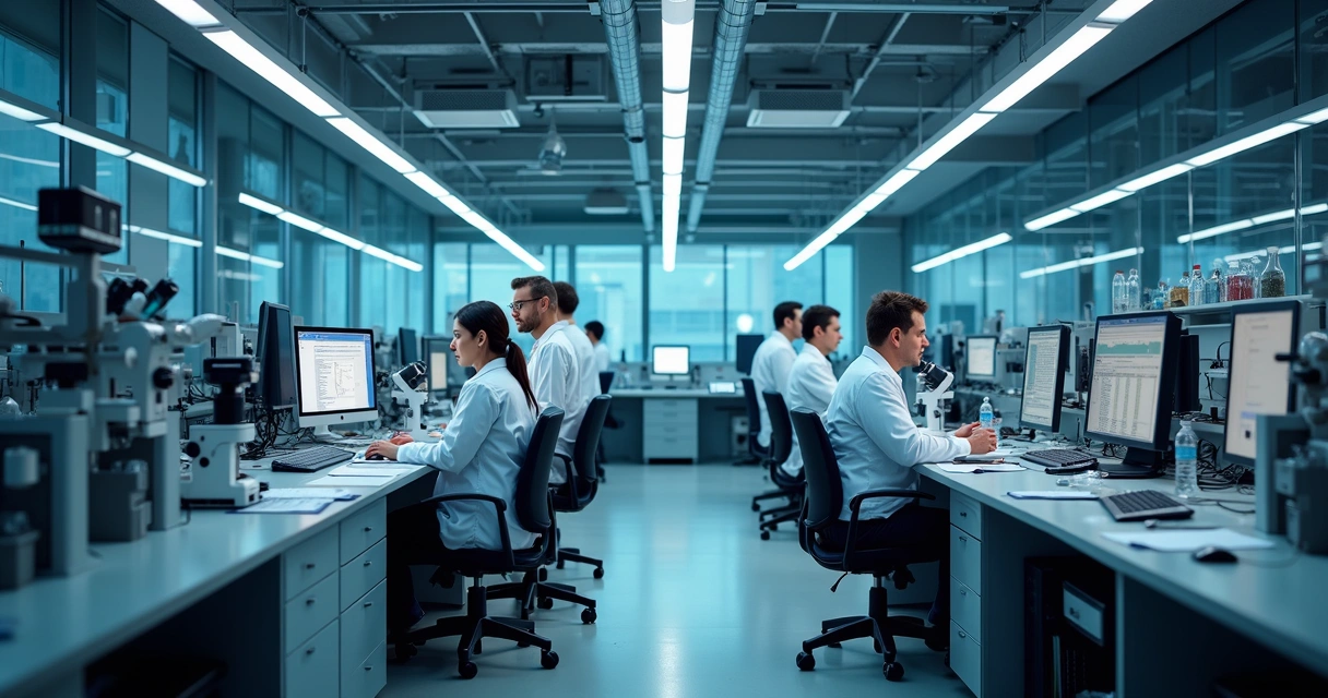 Cientistas de diferentes áreas trabalham juntos em um laboratório equipado com dispositivos de alta tecnologia 