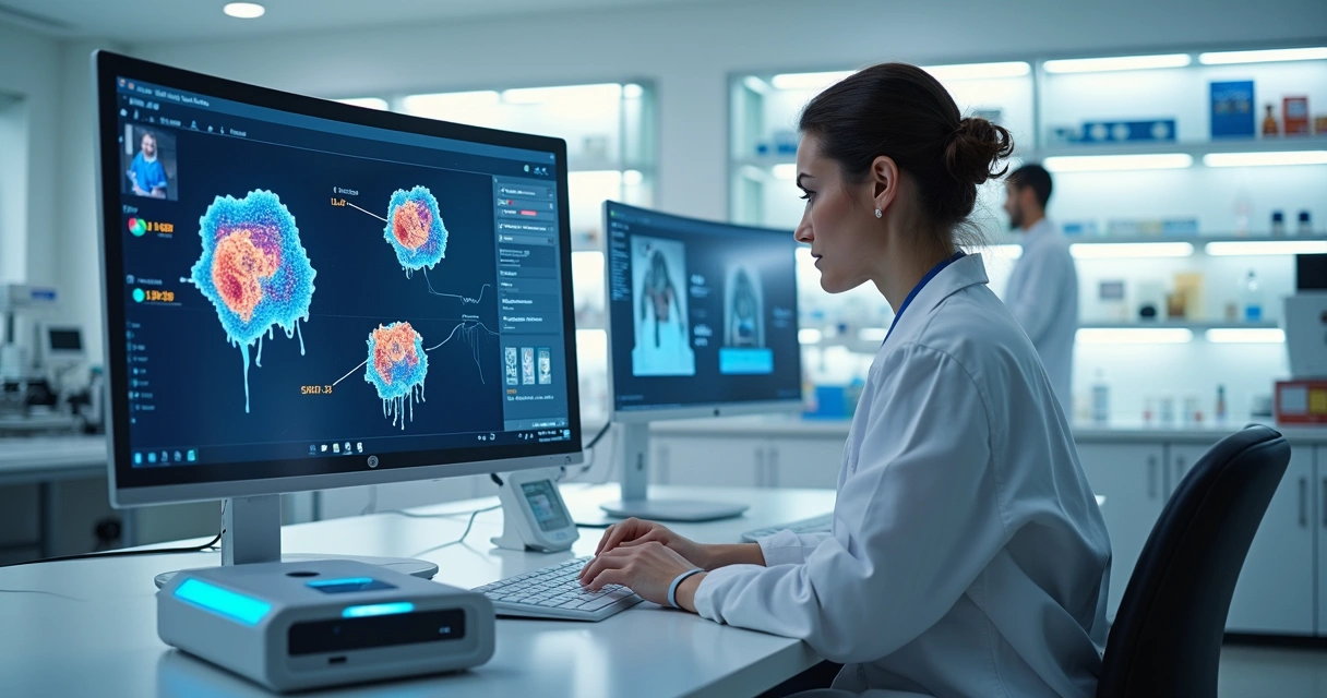 Cientista em laboratório observando células de pele com vitiligo em monitor 