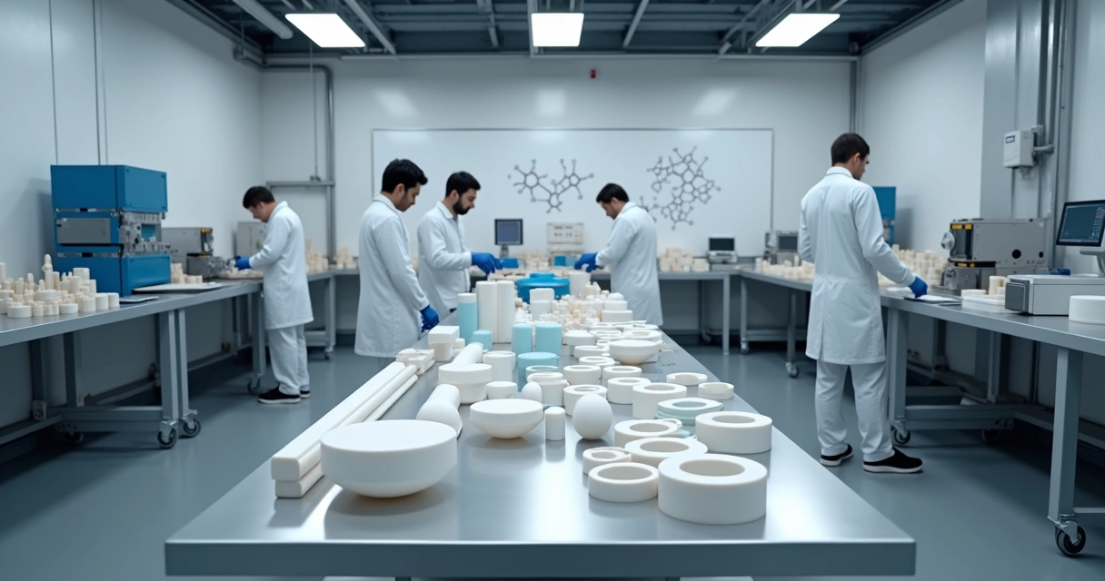 Laboratório de polímeros industriais com tubos e peças de PTFE 