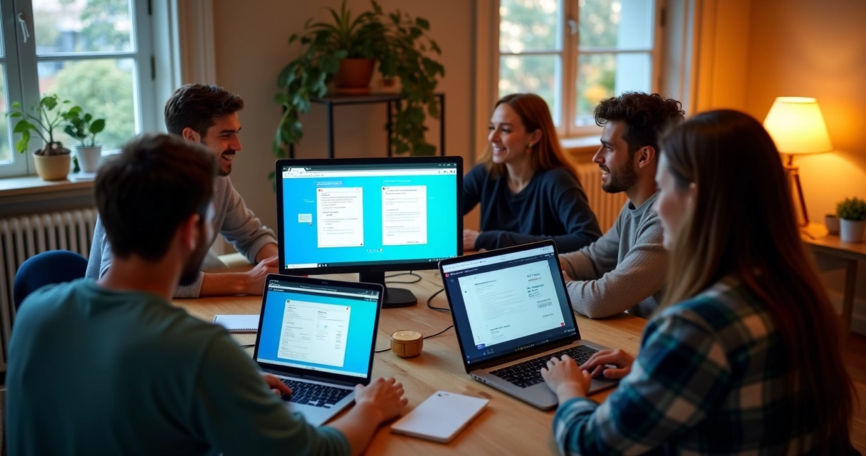 Alunos em computadores participando juntos de sessão prática online