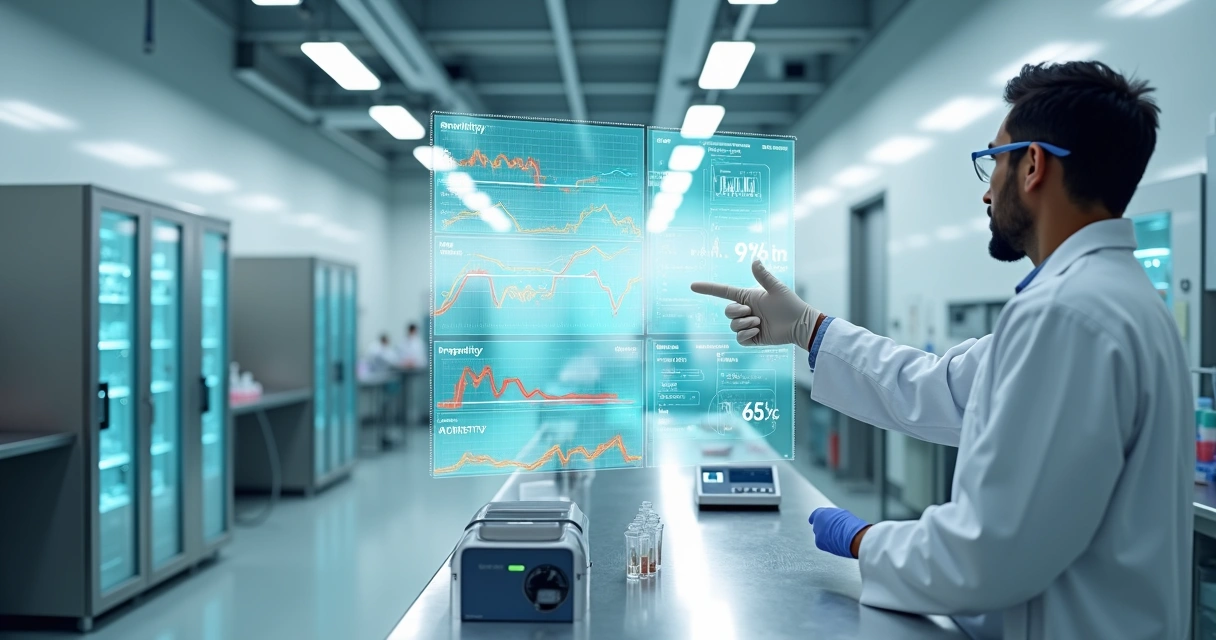 Cientista em laboratório analisa painel digital com previsão de anomalias em câmaras frias 