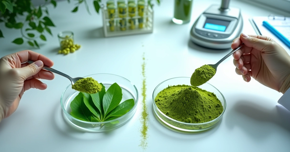 Folhas de moringa frescas ao lado de pó de moringa sendo analisados em bancada de laboratório 